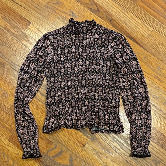 Sandro Floral Smocked Blouse in Black and Pink - Picture 2 of 5